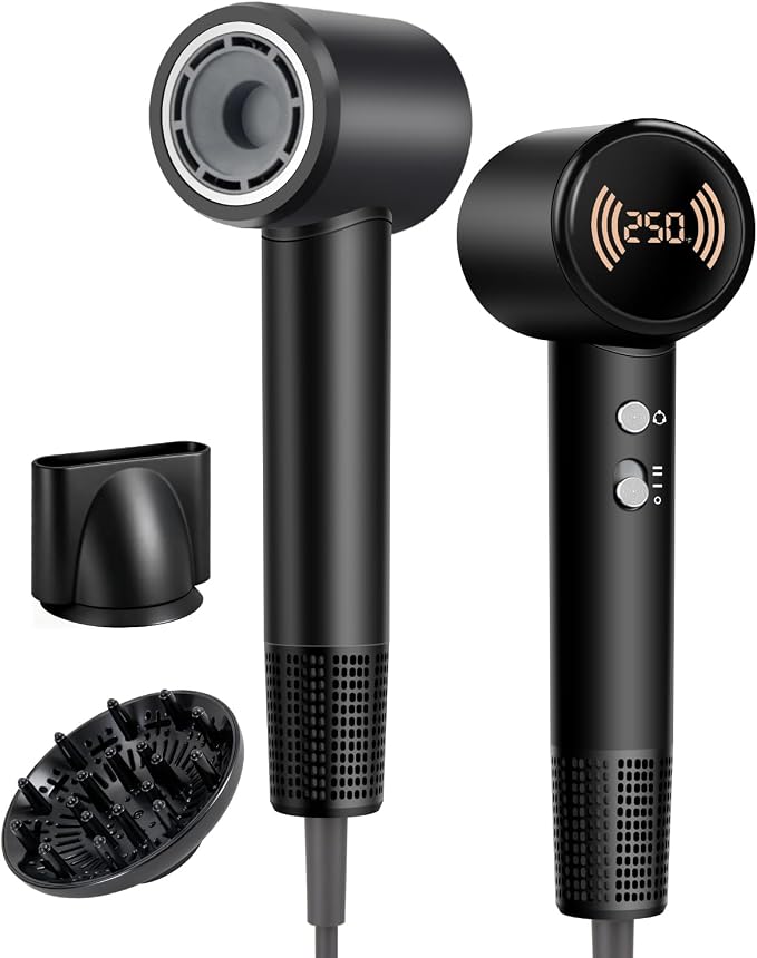 Chignon Hair Dryer with Diffuser, Ionic Travel Hairdryer with 160,000 RPM High-Speed Motor for Fast Drying, 1600W Lightweight Blow Dryer with Concentrator for Women Men, Professional Salon Home, Black