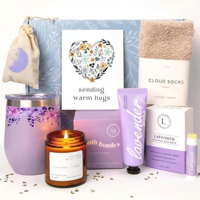 Unboxme Lavender Spa Gift Set for Women — Mother’s Day Gifts with Scented Candle, Bath Bomb, Hand Cream & Wine Tumbler | Self Care Gift Box for Mom