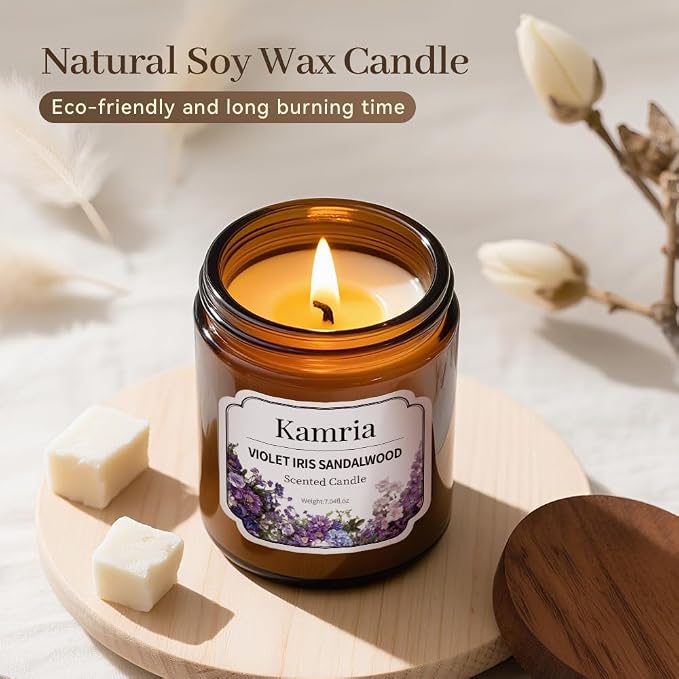 Violet Iris Sandalwood Candle, Elegant Floral Woody Aromatherapy in Amber Glass Jar, Natural Soy Wax for Home Decor, Relaxing Gift for Women, 7oz