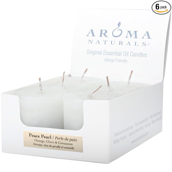 Aroma Naturals Votive Candles with Orange Clove and Cinnamon Essential Oil White Scented, Peace Pearl, 5.5x3.75x2 Inch (Pack of 6)