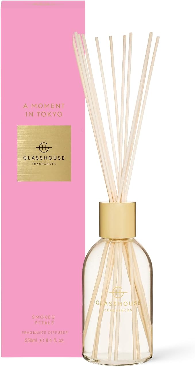 Glasshouse Fragrance A Moment in Tokyo Reed Diffuser, Home Fragrance & Perfume Scented Room DÈcor, Natural & Oil Free, Smoked Petals 8.4.fl.oz (250mL)