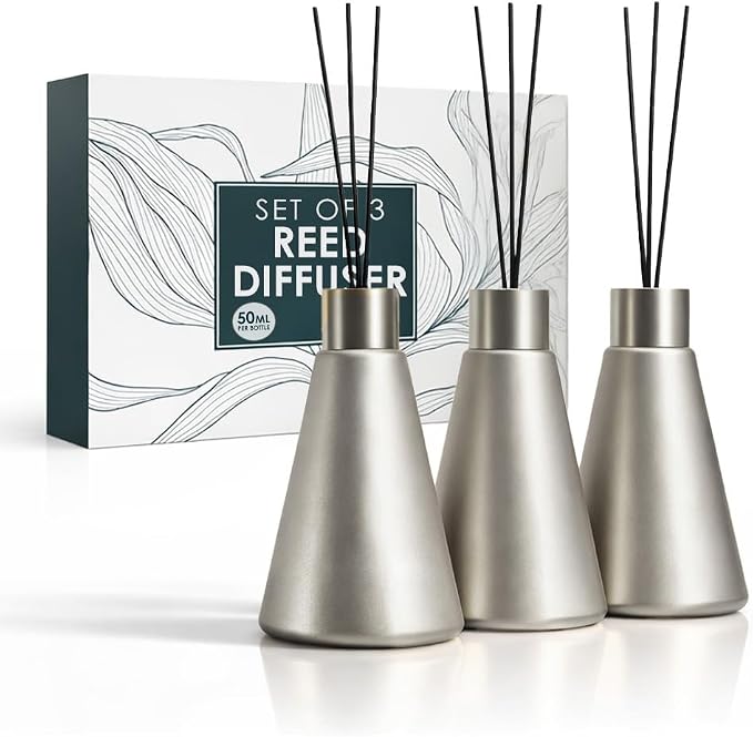 Mega Handles Reed Diffuser Sets (50ml) - 3 Pack White Flower Scent Bathroom Diffuser, Elegant Reed Diffuser for Shelf Decor, Decorative Air Freshener for Large Rooms - Satin Nickel