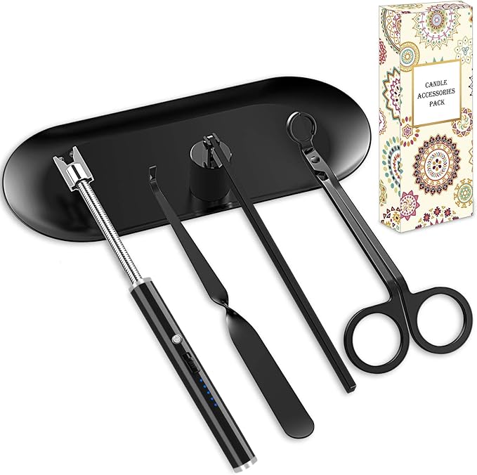 Black 5 in 1 Candle Care Kit, Elegant Candle Wick Trimmer Set, Candle Lighter Set, Candle Snuffer, Candle Tray, Candle Wick Dipper, Candle Accessories Set for Candle Lover