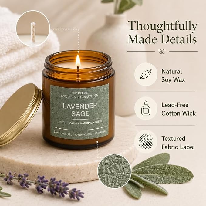 Scented Candles Gift Set for Women, Clean Botanicals Collection, 6 Pack 3.5 oz Natural Soy Wax Candles in Amber Glass Jars, Aromatherapy Gifts for Mom Birthday Housewarming, Lavender Sage