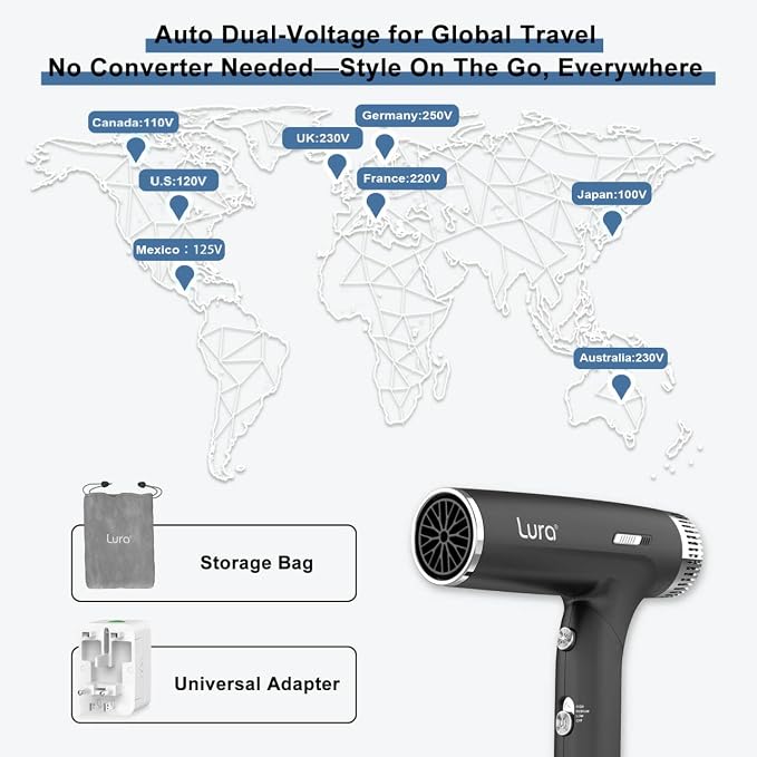 LURA Auto Dual Voltage Hair Dryer for International Travel,Travel HairDryers with Difffuser,Small Portable Blow Dryer for Women Lightweight,Compact Mini Blowdryers with Folding Hand for Kids(Black)