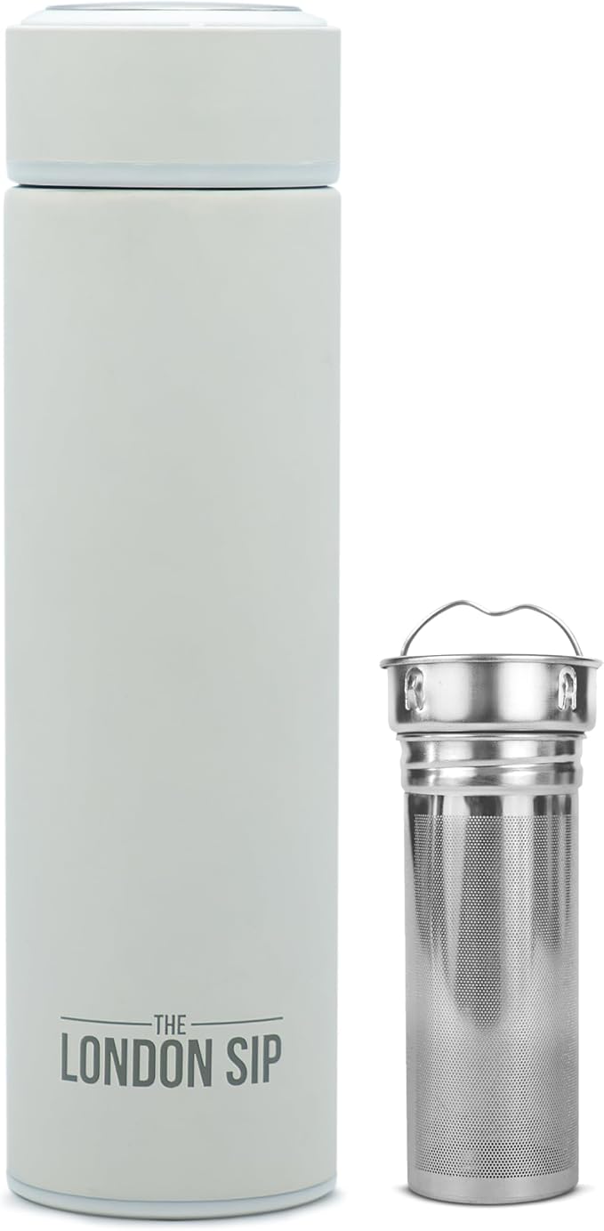 The London Sip 16.9 oz Multi-Purpose Tea Infuser Mug – Fruit Infuser Water Bottle for Hot and Cold – Double Wall Stainless Steel Insulated, Pearl White