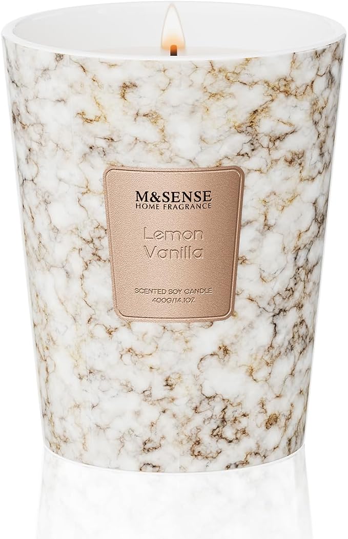 M&SENSE Lemon Vanilla Scented Soy Candle, 3 Wick Highly Scented 14.1 Oz 75H, Aromatherapy Christmas Gift for Women and Men