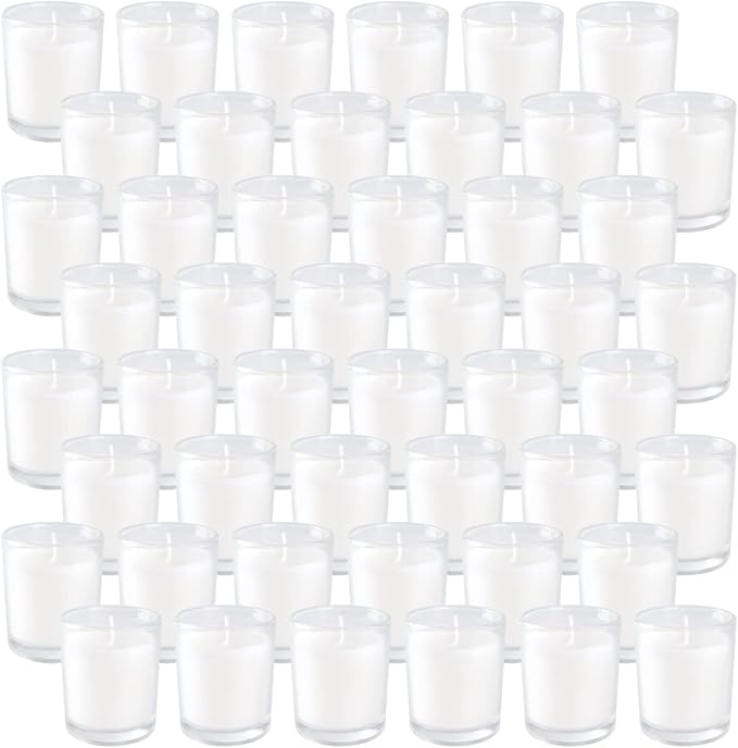 Set of 48 White Votive Candles,Unscented Candles Filled in Clear Glass,Ideal Gift for Weddings,Emergency Lighting,Aromatherapy,Holidays,Meditation,Parties
