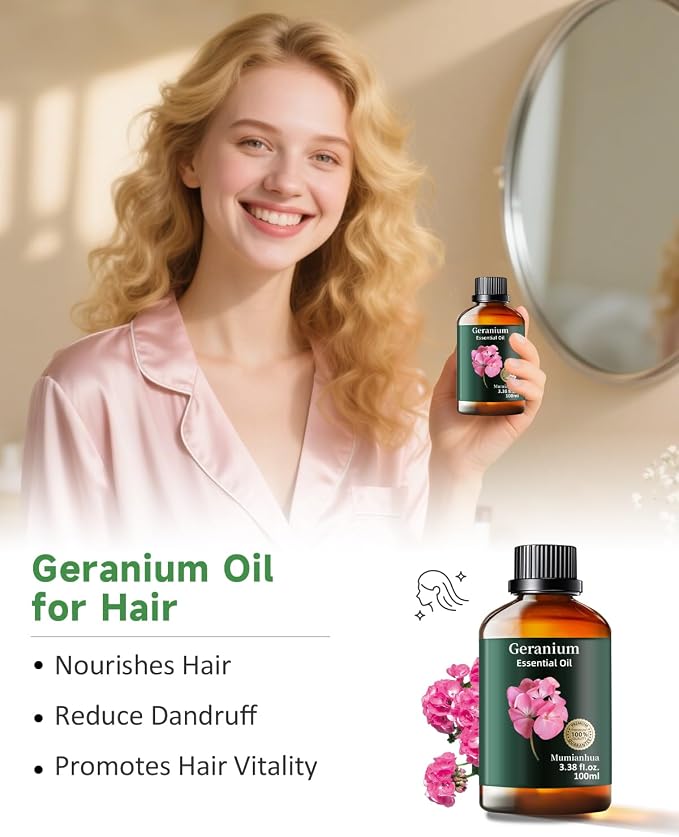 Geranium Essential Oil, Mumianhua Pure Rose Geranium Natural Oil for Outdoor Protective Barrier & Garden Freshness, Floral Aroma for Diffuser, Skin, Hair, DIY Spray – 3.38 Fl Oz