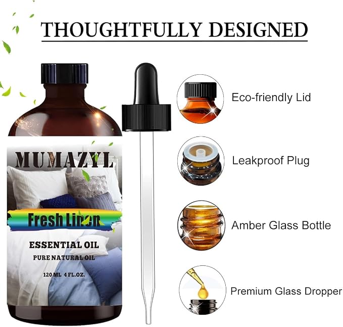 Fresh Linen Essential Oil, Fresh Linen Oil 4 Fl Oz 120ML for Diffuser Humidifier Yoga Cleaning DIY Candle Soap Making MUMAZYL Essential Oils