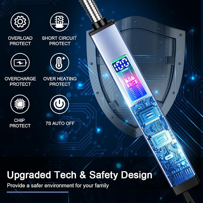 SUPRUS Electric Candle USB Type C Rechargeable 360° Flexible Neck Lighter with Upgraded LED Battery Display Safety Switch Flameless Plasma Windproof (Blue, 3Packs)