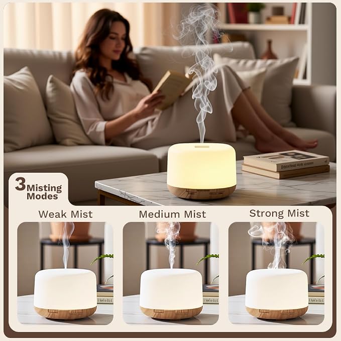 500ml Premium Essential Oil Diffuser,Quiet 4-in-1 Ultrasonic Aromatherapy Humidifier,7 Color LED Lights,with Adjustable Automatic Timer Off Function and Spray Mode. (Light Woodgrain,Classic Model)
