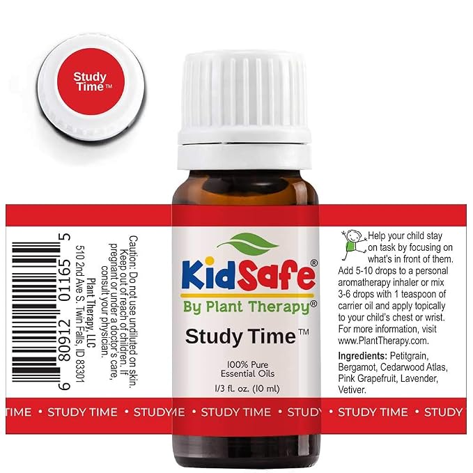 Plant Therapy KidSafe Study Time Essential Oil Blend 10 mL (1/3 oz), 100% Pure, Undiluted, Aromatherapy for Focus, Mind Calming, Concentration Blend for Kids
