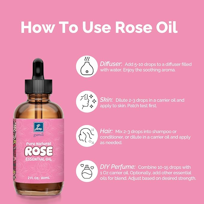 GM Gumili Rose Essential Oil for Face, Hair, Body, Skin, Aromatherapy, Essential Oils Diffuser, DIY Blends - 2 Oz