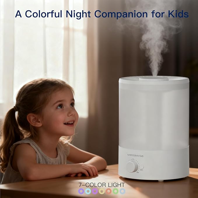 MegaWise Healthy Top-Refill Cool Mist Humidifiers for Bedroom, 24dB Ultrasonic Air Vaporizer with Water Filter for Baby [PP Material], Colorful Night Light,1 Gal Essential Oil Diffuser, Auto Shut Off