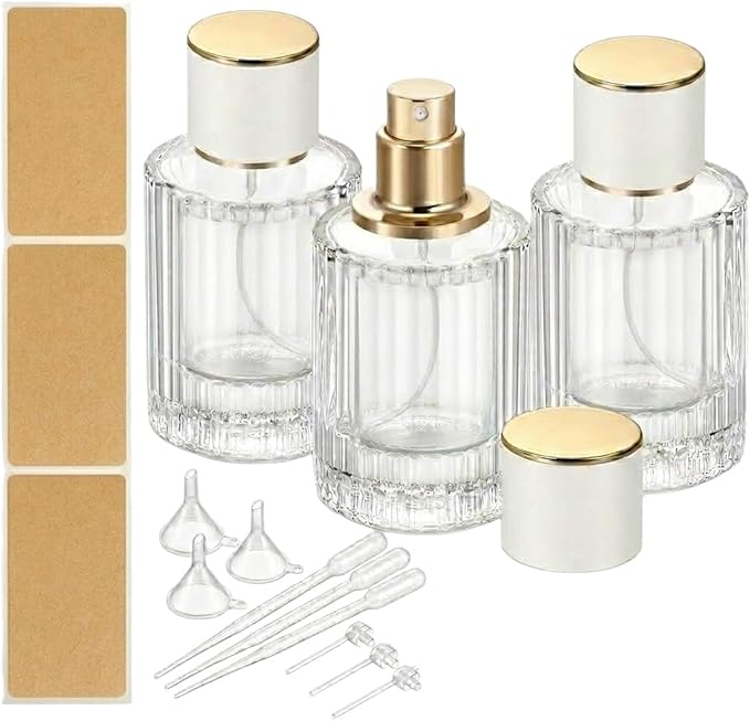 100ml Empty Perfume Spray Bottles, 3 Pack Ribbed Glass Atomizer Bottle Refillable Portable Glass Atomizers with Funnel and Dropper, Fine Mist Spray for Women Men Dispenser Fragrance Container Set