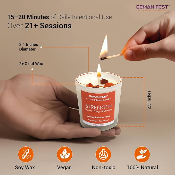 Strength and Stability Manifestation Crystal Candle, Orange Blossom Scented Soy Candle for Workout Enthusiasts, Valentine's Gift for Her/Him, Wellness, Inspirational and Motivational
