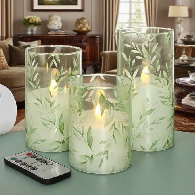 Green Flameless Candles with Remote Control - Willow Leaf Design Battery Operated Candles - Elegant Home Christmas Spring Summer Decor Set of 3