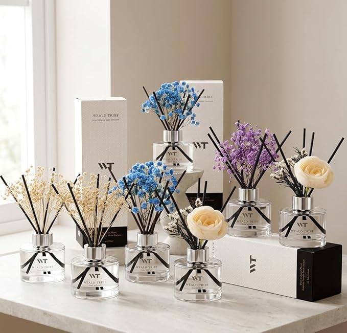 WEALD TRIBE Flower Reed Diffuser Set Lavender Scent for Bathroom Accessories Shelf Decor & Air Fresheners, Sticks Defusers with 5.1 fl oz Essential Oils & Leaves, House Bedroom Office Decor & Gifts