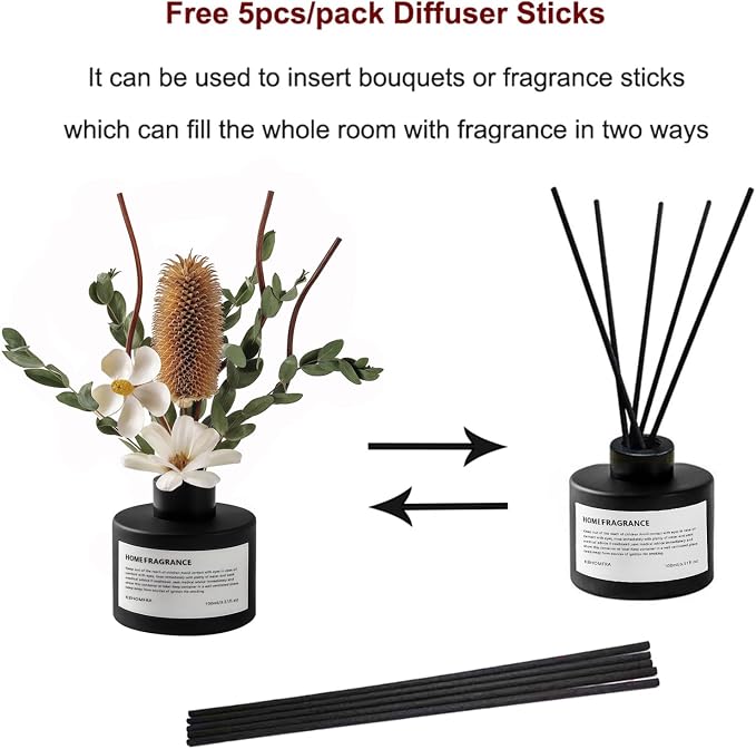 Reed Diffuser Set with Dried Flowers, 3.38fl.oz Fragrance Diffuser with Sticks, Scented Sticks Aroma Diffuser, Home & Office Décor for Air Fresheners, Bathroom (Pure White Gardenia)