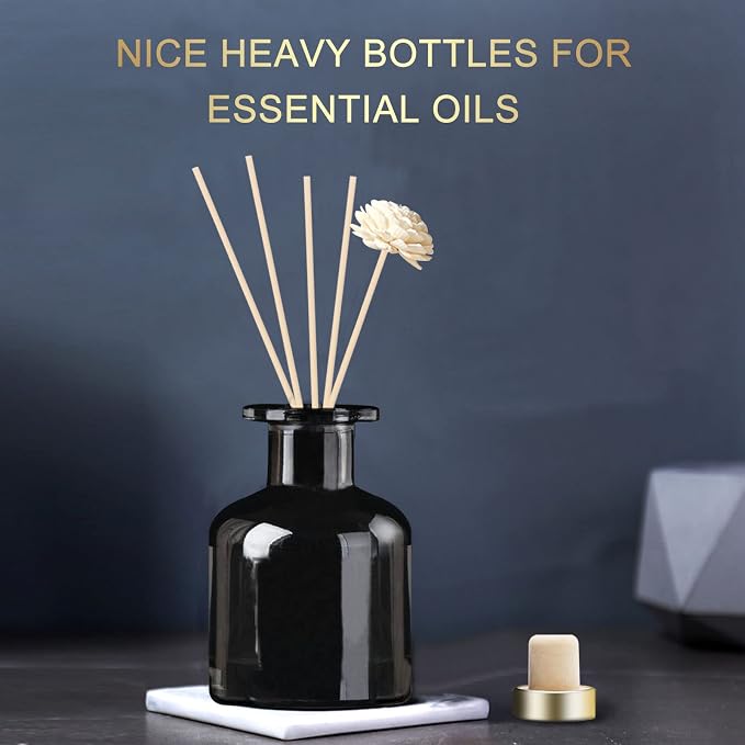 HOSSIAN 2 Clear Glass Diffuser Bottles 2 Black Diffuser Bottles -with Natural Reed Sticks Use for DIY Replacement Reed Diffuser Sets (Clear+Black)