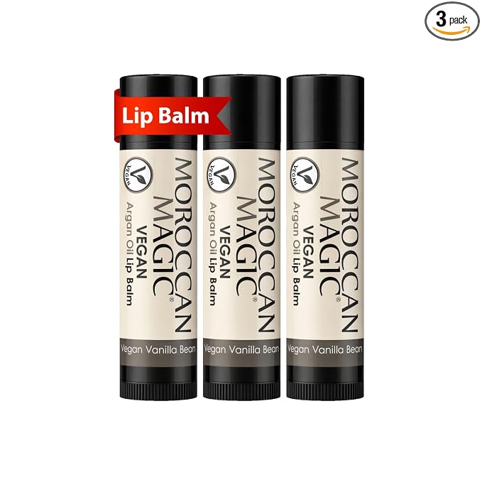 Moroccan Magic Vegan Vanilla Lip Balm 3 Pack | Ultra-Hydrating Argan & Essential Oil Lip Moisturizer + Vitamin E | Natural Chapstick for Dry Lips | Organic Ingredients | Lip Balms & Moisturizers