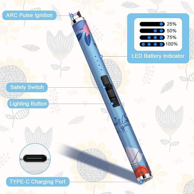 SUPRUS Candle Arc USB Type C Lighter Electric Lighter with Upgraded LED Battery Display Safety Switch Rechargeable Flameless Plasma Windproof Portable for Mother‘s Day (Blue)