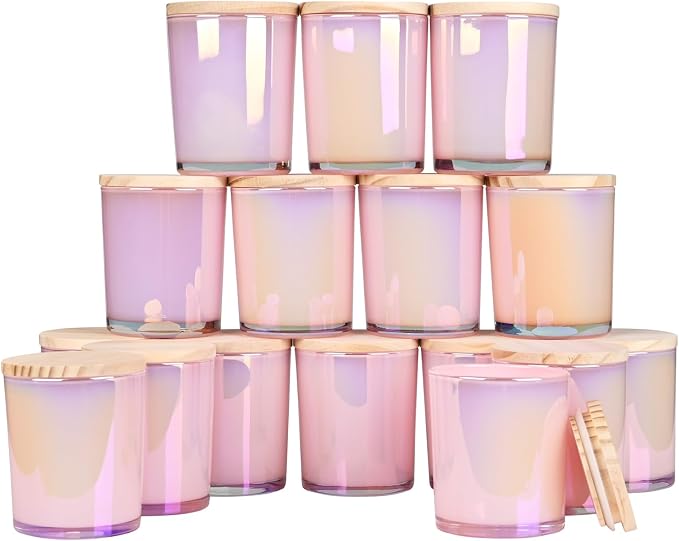 SHOWIN Thick Candle Jars for Making Candles 16 Pcs, 7 OZ Empty Jars with Wood Lids for Candle Making, Sample Container, Glitter Pink
