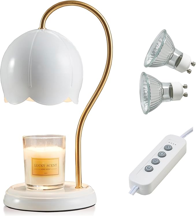 White Gold Flower Candle Warmer Lamp with Timer Dimmable, Office Decor Elegant Bedroom Scented Wax Light, Valentine's Birthday Gifts for Women Man, Large Table Candles Burner
