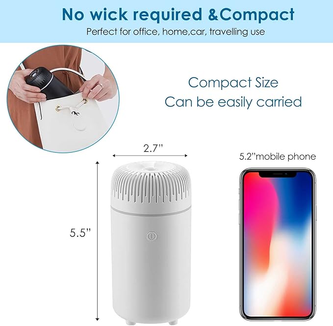 Car Diffuser Humidifier USB Aromatherapy Essential Oil Air Freshener USB Cool Mist Mini Portable Diffuser for Car Home Office Bedroom (White)