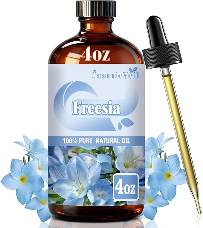 Freesia Essential Oil Freesia Oil for Aroma Diffuser,Humidifier,Home Fragrance,Cleaning,Body Care,Massage,Yoga,DIY Candle,DIY Soap CosmicVeil（Freesia，4 Fl Oz (Pack of 1)）