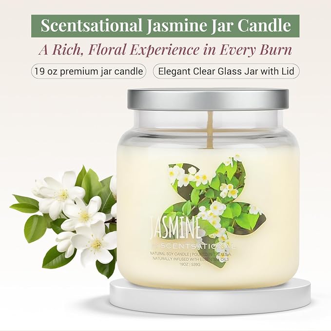 Scentsational Jasmine Candle – Large 19 Oz Hand-Poured Soy Candle in Elegant Glass Jar – Non-Toxic Decorative Candles with Clean Burn – Jasmine Scented Candles for Relaxation, Gifting & Home Décor