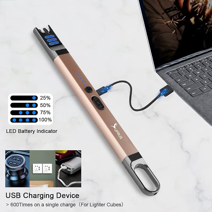 SUPRUS Candle Electric Arc Lighter Windproof Flameless USB Rechargeable Lighter with LED Light for Candle Camping BBQ Cooking (Champagne Gold)