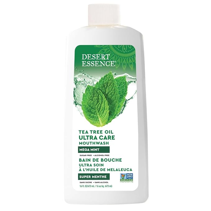 Desert Essence Natural Tea Tree Oil Ultra Care Mouthwash - Mega Mint - 16 Fl Oz - Freshens Breath - Defends Against Sugar Acids - Vitamin C - Soothes Gums - Whitening Floss - Removes Food Debris