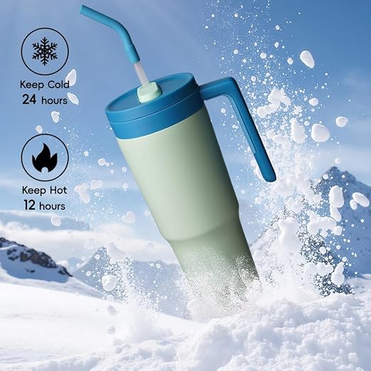 Konokyo 12 Pack 40 Oz Tumblers with Handle and Straw, Bulk Vacuum Insulated Stainless Steel Travel Mugs with Lids for Office, Events and Group Orders Mist Blue