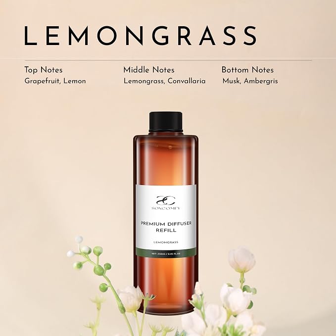 Diffuser Oil Refill, 250ml / 8.45 fl oz, Lemongrass - Reed & Aromatherapy Diffuser Oil, Long-Lasting Home Fragrance, Grapefruit, Lemon & Musk Notes