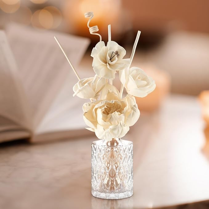 Daifunli 11 Pcs Flower Reed Diffuser Set Include Sola Flowers Diffuser Sticks with 5oz Empty Design Bottles Fragrance Rice Paper Natural Flower for Bedroom Office Bathroom Shelf Decor Gift(Classic)