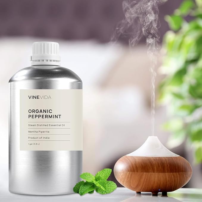 VINEVIDA Organic Peppermint Essential Oil - Gallon Organic Peppermint Oil Undiluted - Bulk Gallon Essential Oil for Soap Making Safe for Skin - DIY Candle Scents for Candlemaking Scents - 8 lbs