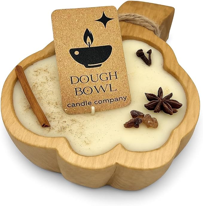 Dough Bowl Candle Co. Pumpkin Candle - 8" x 6" x 1.75" Pumpkin Spice Wooden Fall Candles with 35 Hour Burn Time, 3 Wick Fall Scented with 100% Soy Wax, Holiday Decorations, Autumn Room Decor