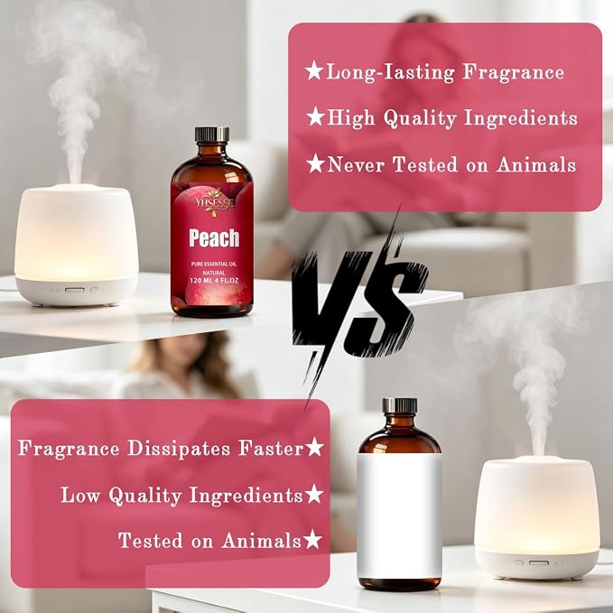 Peach Essential Oil, Peach Oil 4 Fl Oz 120ml for Diffuser Yoga Soap & Candle Making – with 0.33 Oz Roller Ball & Dropper YHSESSE Essential Oils