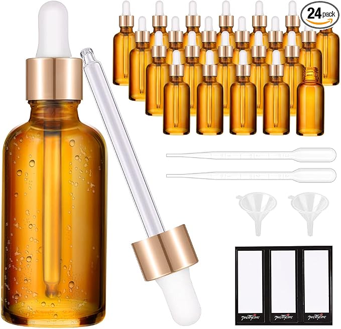 PrettyCare 1oz Glass Dropper Bottle Set of 24, Thick Amber Empty Bottles with Leakproof Golden Caps, Labels, Funnels - 30ml Eye Dropper Bottles for Storage, Essential Oils, Tincture
