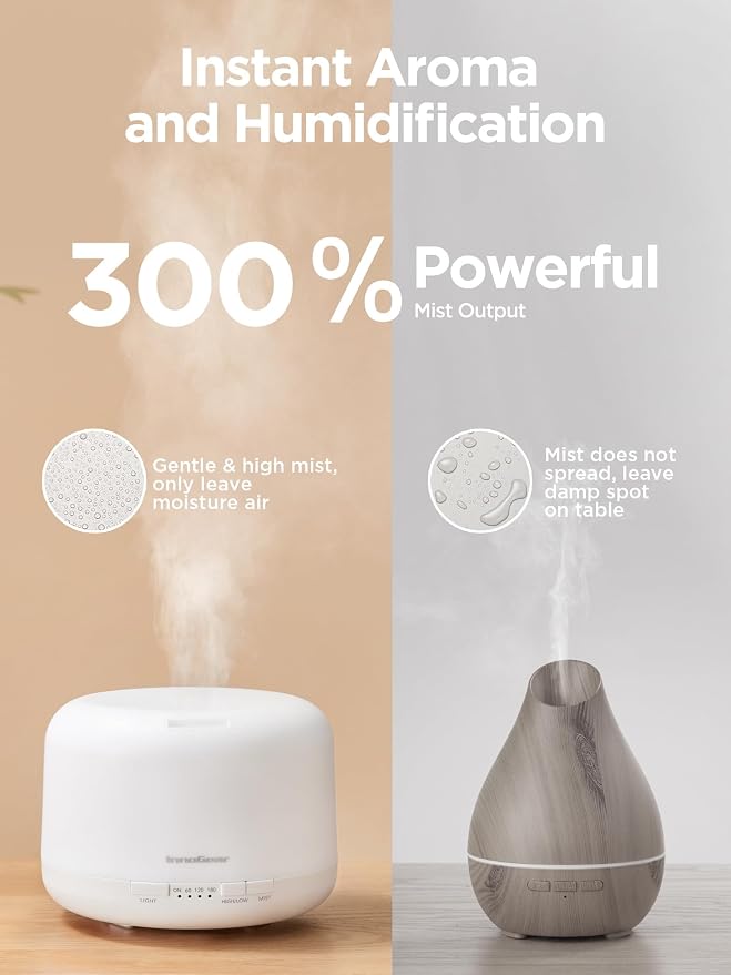 InnoGear 500ml Essential Oil Diffuser with Remote Control, Premium Ultrasonic Aromatherapy Diffusers Mother's Gift Scent Humidifier Vaporizer Auto-Off Timer for Large Room Home, Basic White
