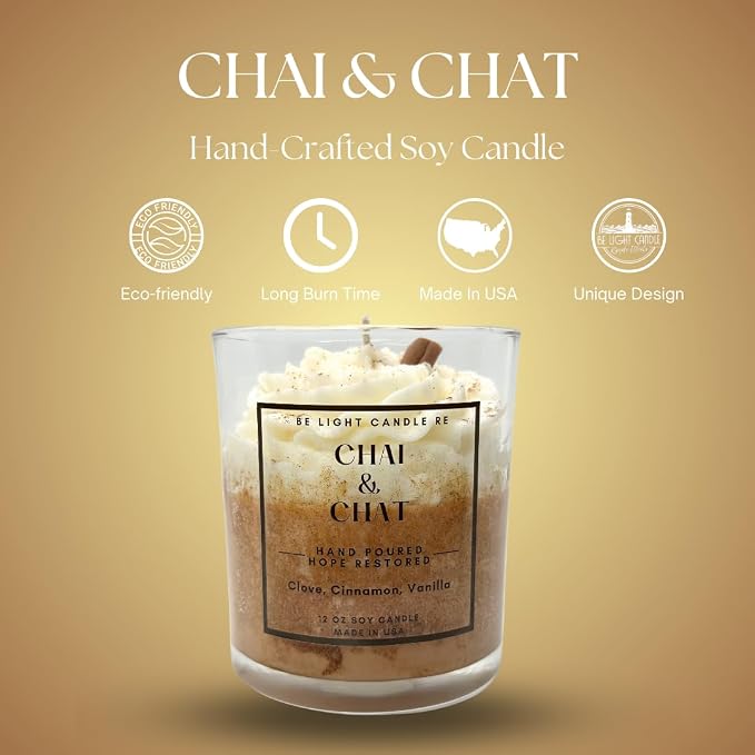 Cinnamon Candle | Purpose-Driven Soy Candles | 12oz Dessert Candle | Gifts for Women | Starbucks | Brown | Mother's Day Gift for Women | Be Light Candle RE (Chai & Chat)