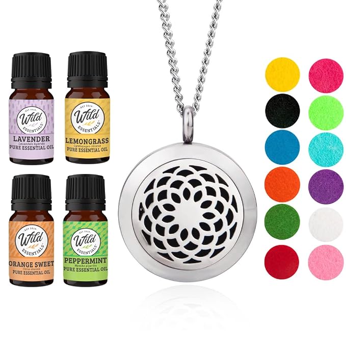 Wild Essentials Sunflower Necklace Essential Oil Diffuser Kit with Lavender, Lemongrass, Peppermint, Orange Oils, 12 Refill Pads, Calming Aromatherapy Gift Set, Customizable Color Changing, Perfume