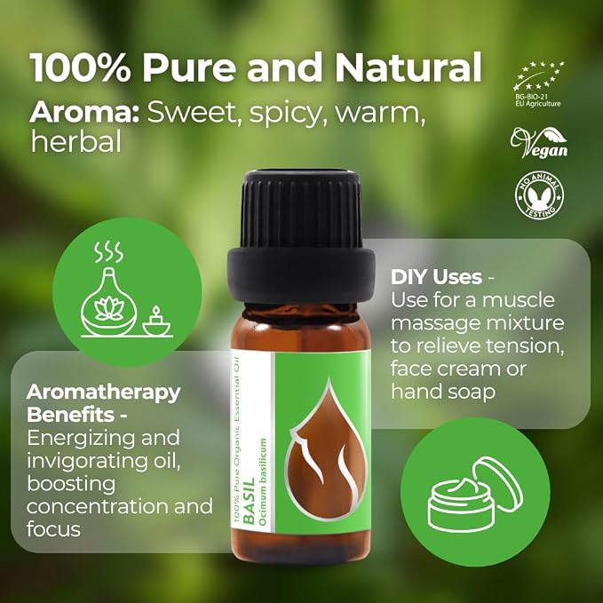 Essences Bulgaria Organic Basil Essential Oil 1/3 Fl Oz | 10ml | Ocimum basilicum | 100% Pure and Natural | Undiluted | Therapeutic Grade | Family Owned Farm | Steam-Distilled | Non-GMO | Vegan