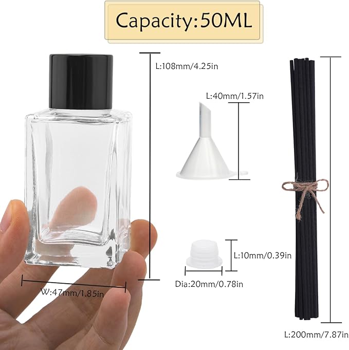 4PCS Empty Glass Fragrance Reed Diffuser Bottles, Refillable Diffuser Bottles with 20pcs Reeds Sticks & Black Caps & Funnel, Diffuser Jars for Home Oil Fragrance Decoration (50ML)
