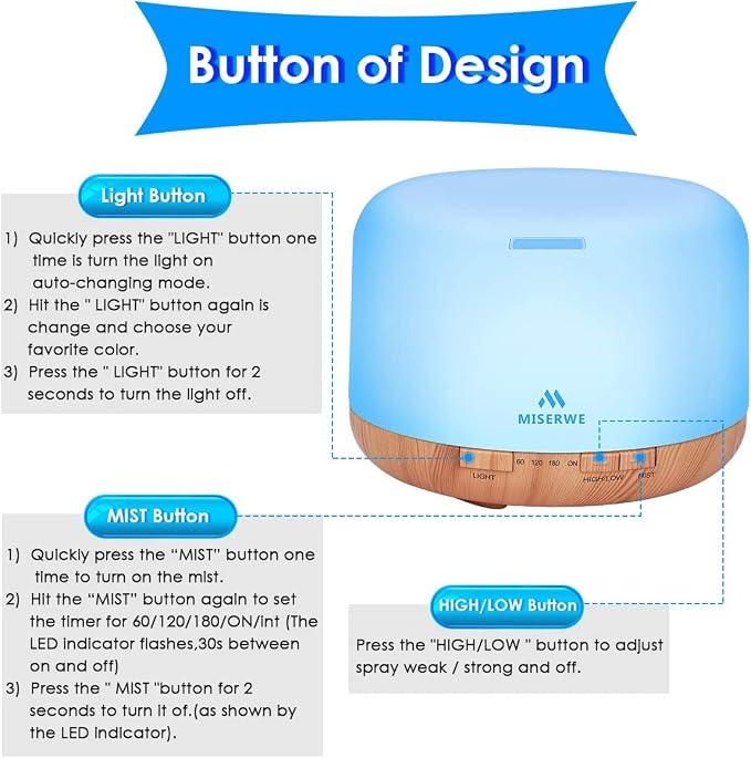 500ml Diffuser with Remote Control Waterless Automatic Shut Off Essential Oil Diffusers with Timing Mode Adjustable Oil Diffuser for Home
