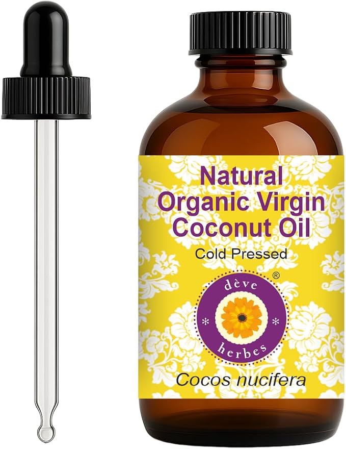 dève herbes Organic Virgin Coconut Oil (Cocos nucifera) with Glass Dropper | Cold Pressed | Pure | For Diluting Essential oils | Hair, Skin & Massage | Non-Sticky| Lightweight| Unisex | 120ml (4 oz)