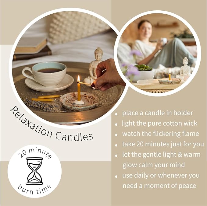 Relaxation Candles by Cotton & Grey – 12 Pure Beeswax Twenty Minute Candles with Ceramic Holder for Meditation, Mindfulness, Relaxation and Well-Being