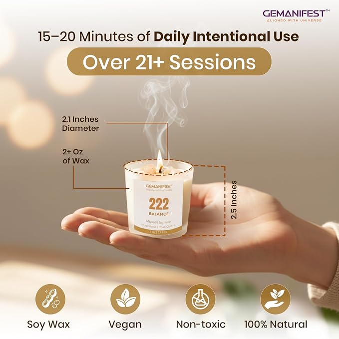 Angel Number 222 Manifestation Candle Crystal Infused Soy Wax with Moonstone & Rose Quartz Moonlit Jasmine Scented Spiritual Gift for Balance Meditation Affirmation and Energy Alignment